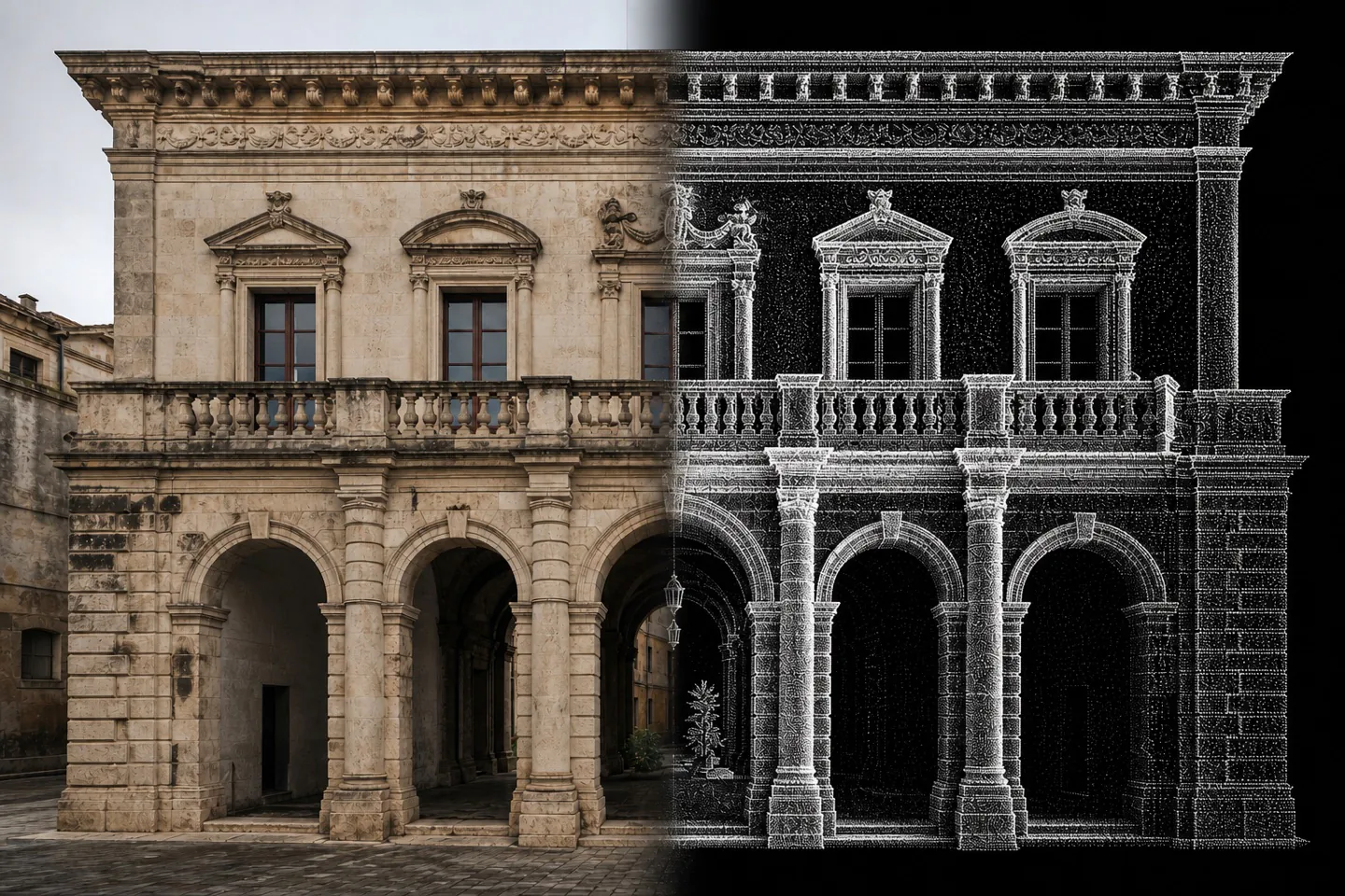 Edificio storico, metà fotografia e metà ricostruzione da nuvola di punti