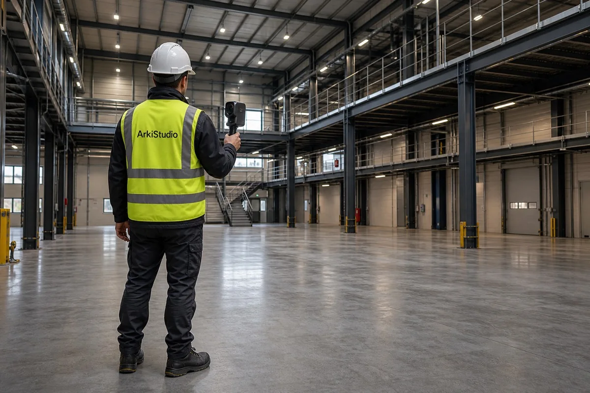 Operatore ArkiStudio durante un rilievo digitale di un capannone industriale