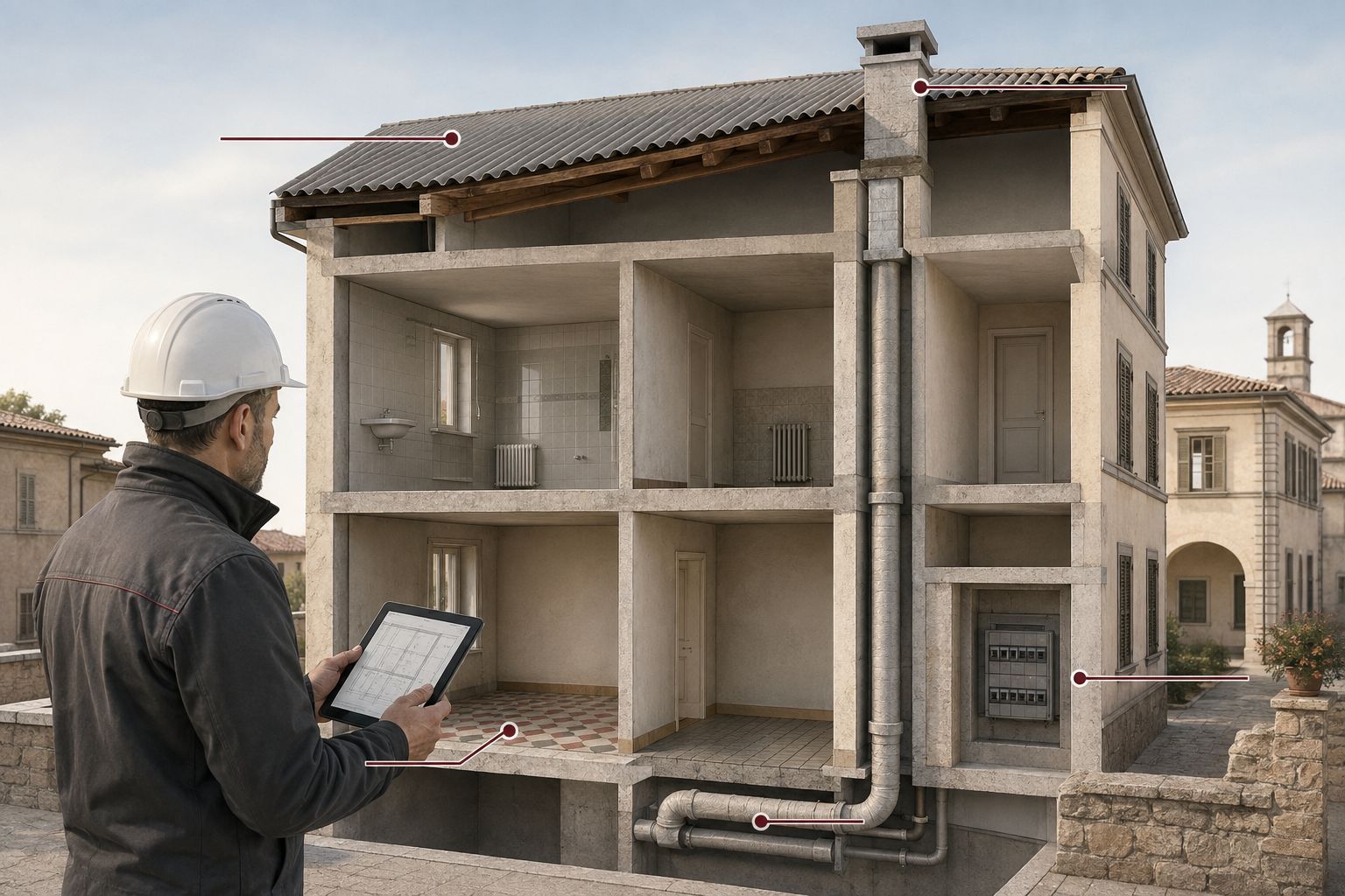 Tecnico che esamina prima dei lavori una copertura, tubazioni coibentate e pavimenti potenzialmente contenenti amianto