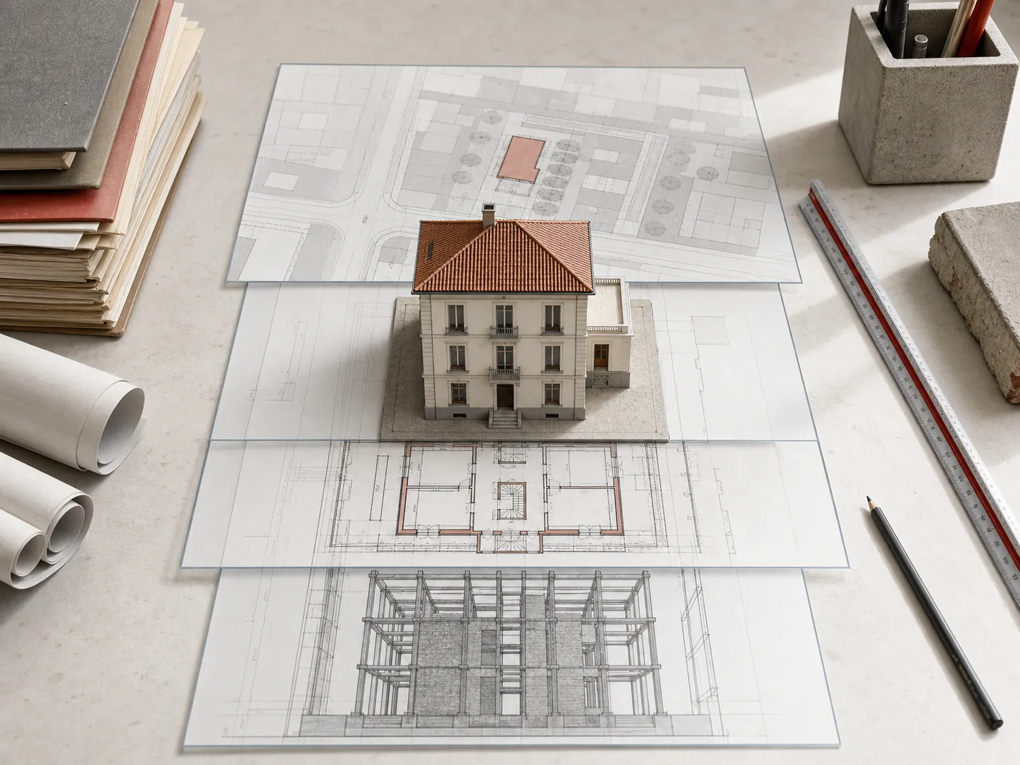 Modello di edificio sovrapposto a elaborati urbanistici, catastali e strutturali per la verifica di conformità