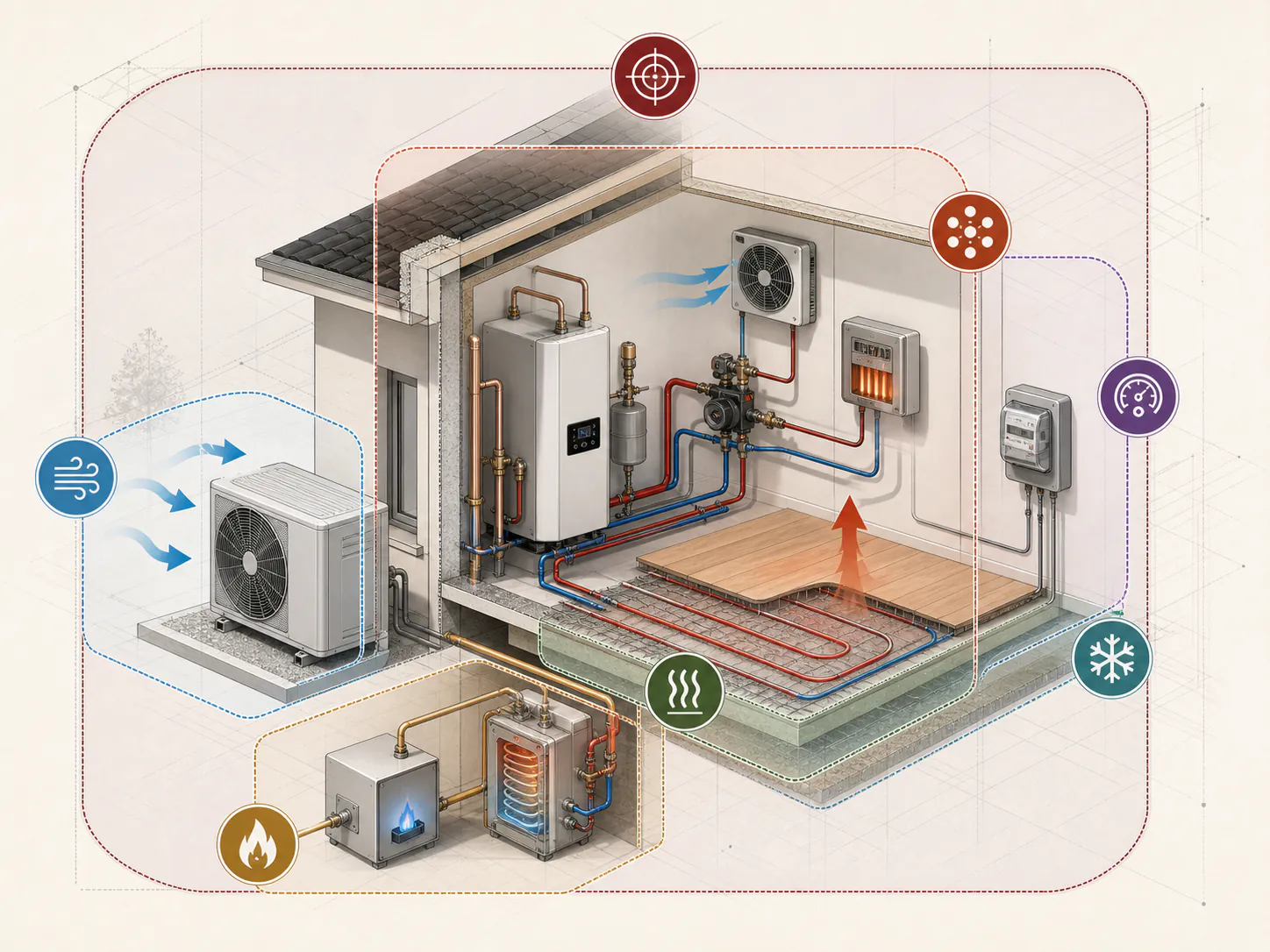 Schema tecnico di una pompa di calore elettrica e di un apparecchio a gas con confini di misura distinti per prestazioni puntuali, stagionali, di sistema e regolamentari