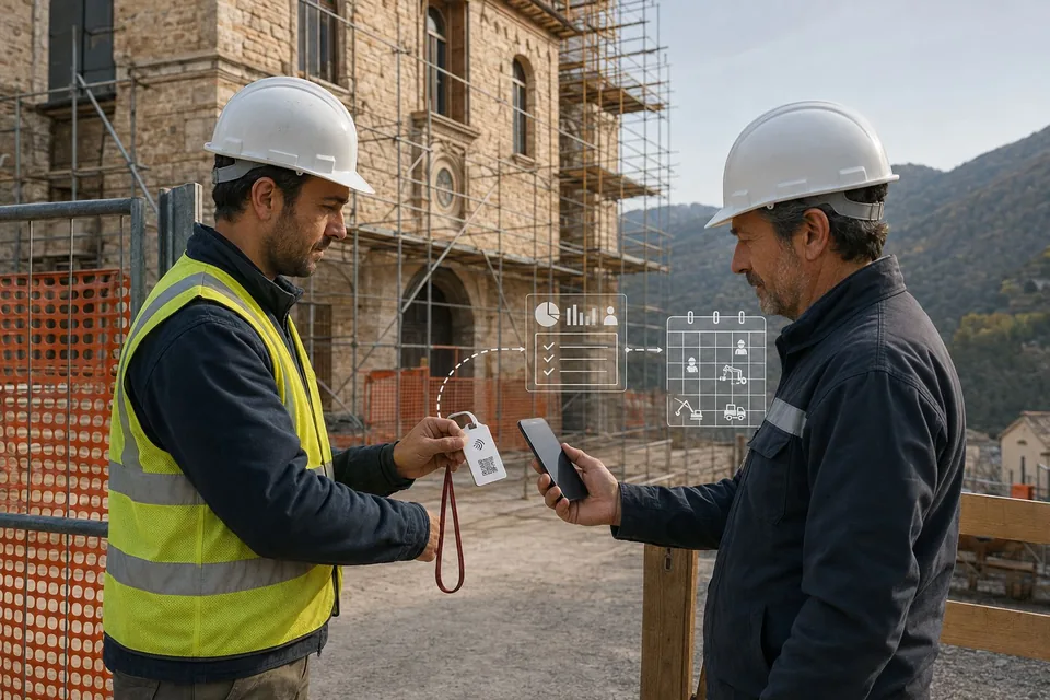 Ingresso di un cantiere della ricostruzione Sisma 2016 con lavoratore che avvicina il badge a uno smartphone e flusso digitale verso CNCE e GE.DI.SI.