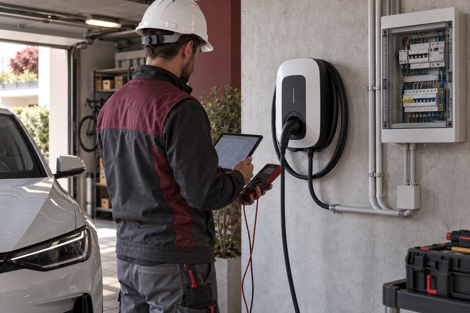 Elettricista che verifica una wallbox domestica, il quadro elettrico e la linea dedicata alla ricarica di un veicolo