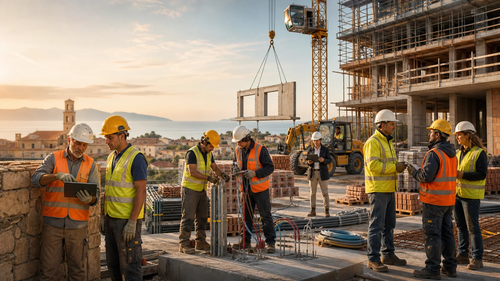 Cantiere italiano del futuro con muratori, impiantisti, gruista, operatore di macchina e tecnici che collaborano con strumenti digitali