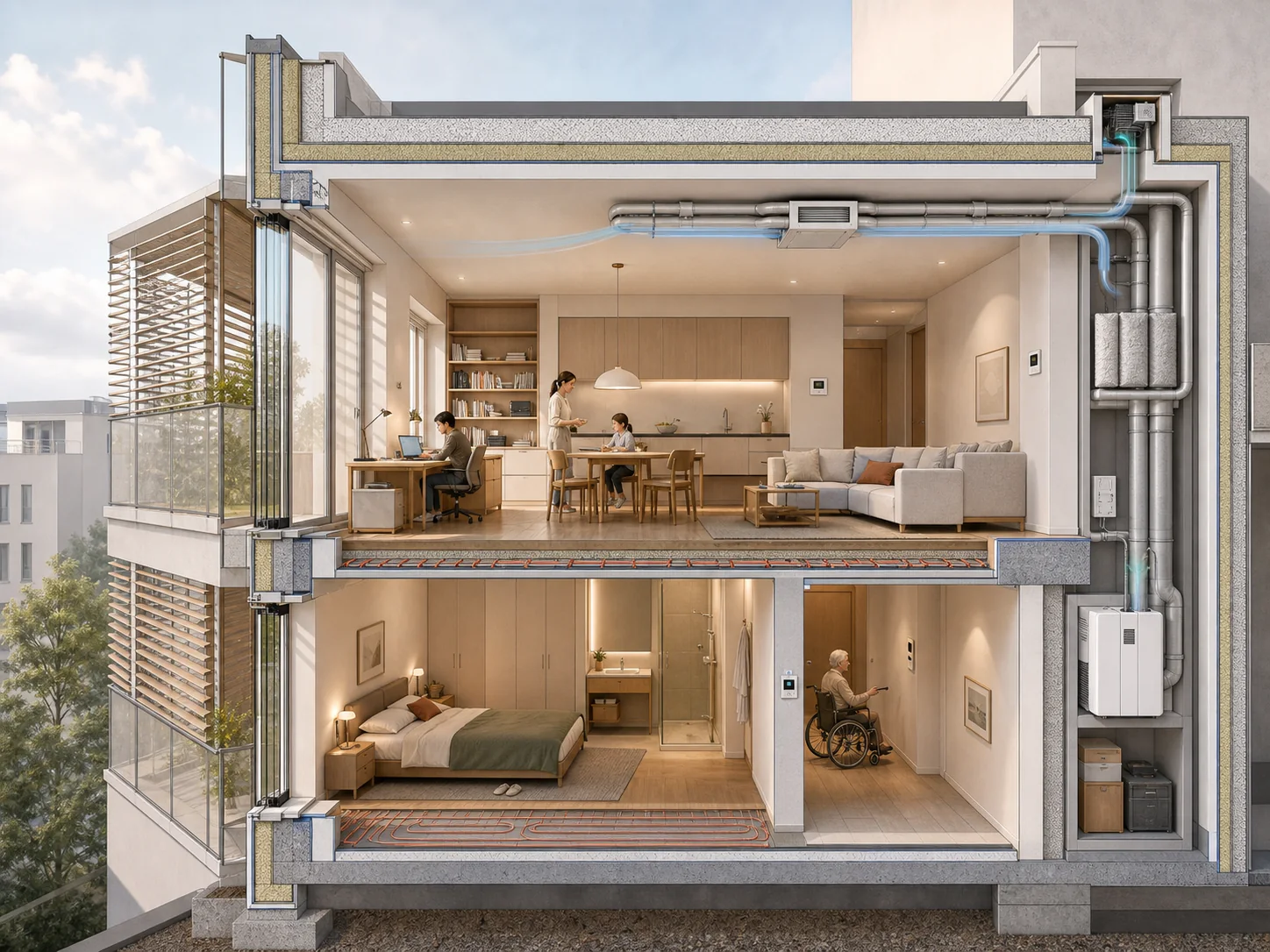 Sezione tecnica di un edificio con schermature solari, involucro isolato, ventilazione, raffrescamento, controllo dell’umidità, acustica e illuminazione integrati per il comfort indoor