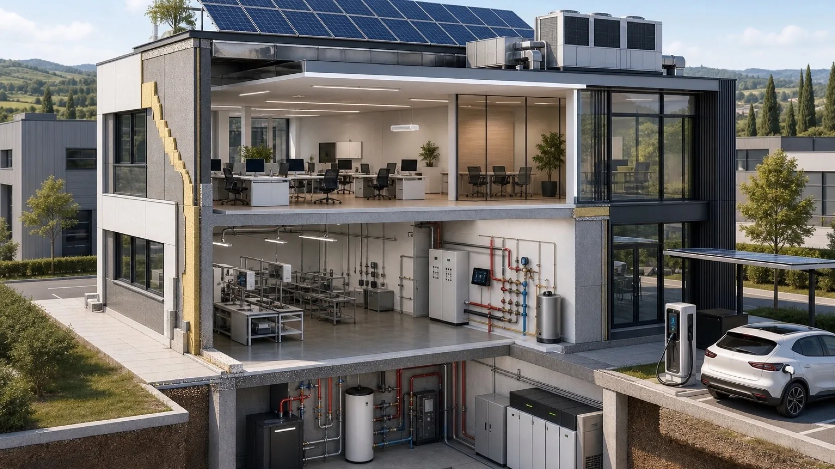 Sezione tecnica di un edificio aziendale con involucro isolato, pompe di calore, automazione, fotovoltaico, accumulo e ricarica elettrica