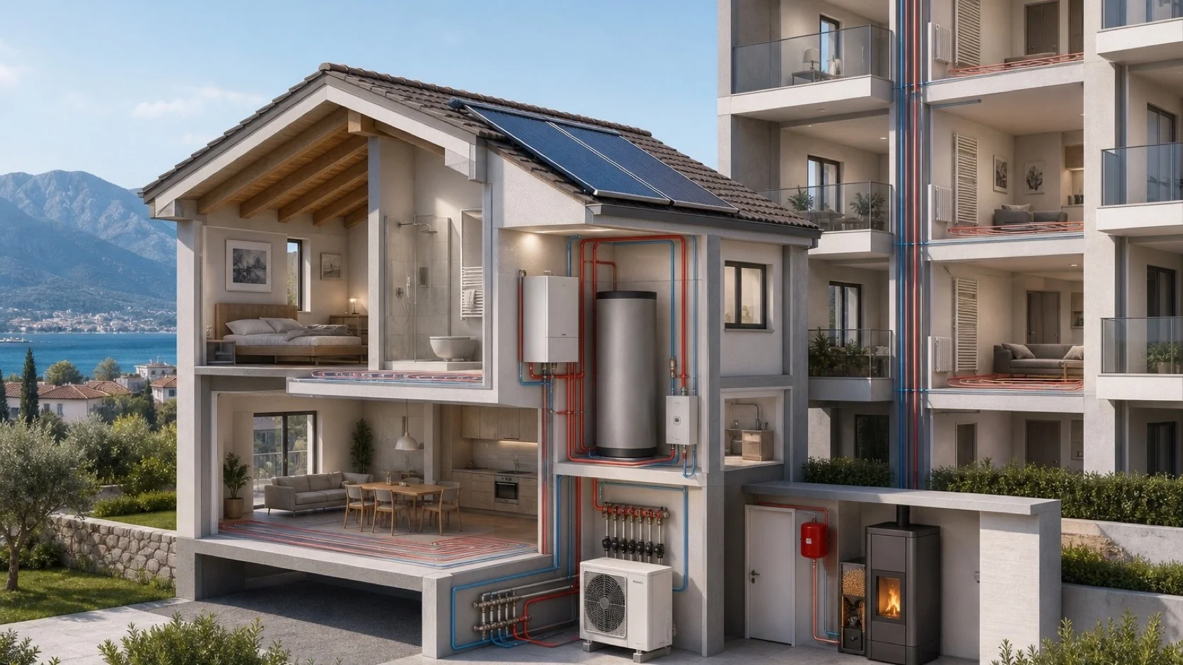 Sezione tecnica di edifici residenziali con pompa di calore, accumulo, solare termico, distribuzione e generatore a biomassa
