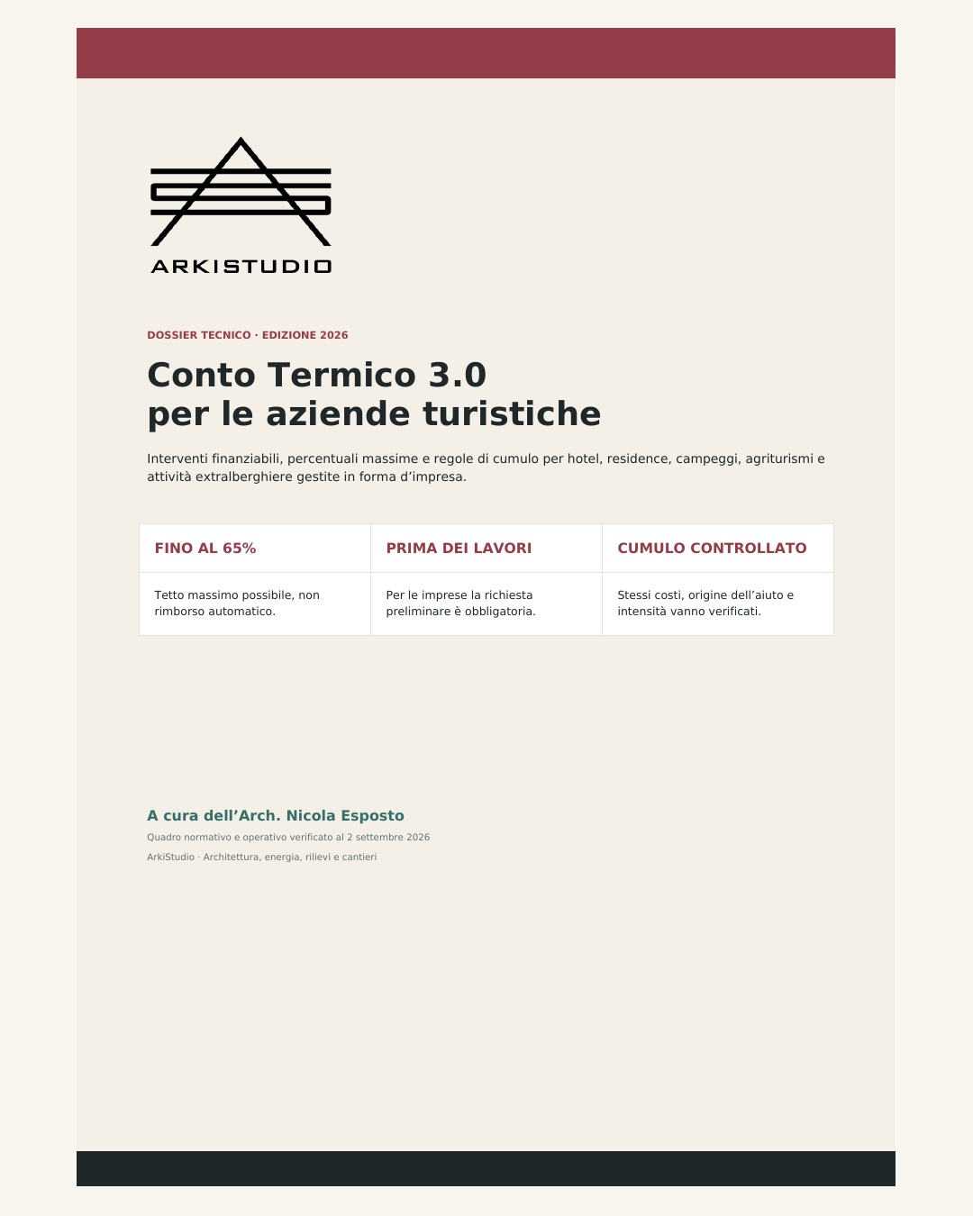 Copertina del dossier Conto Termico 3.0 per aziende turistiche di ArkiStudio