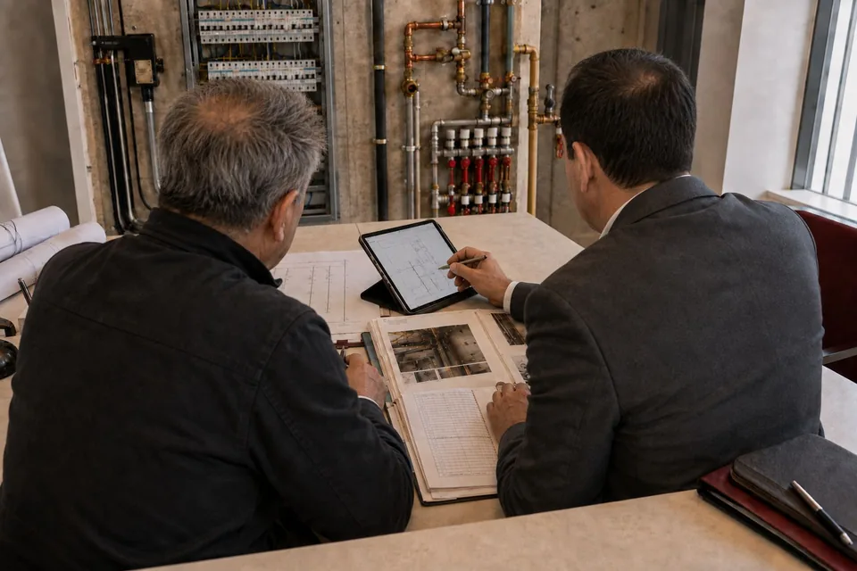 Due professionisti ArkiStudio, ripresi di spalle, confrontano documenti, schemi e verifiche di un impianto