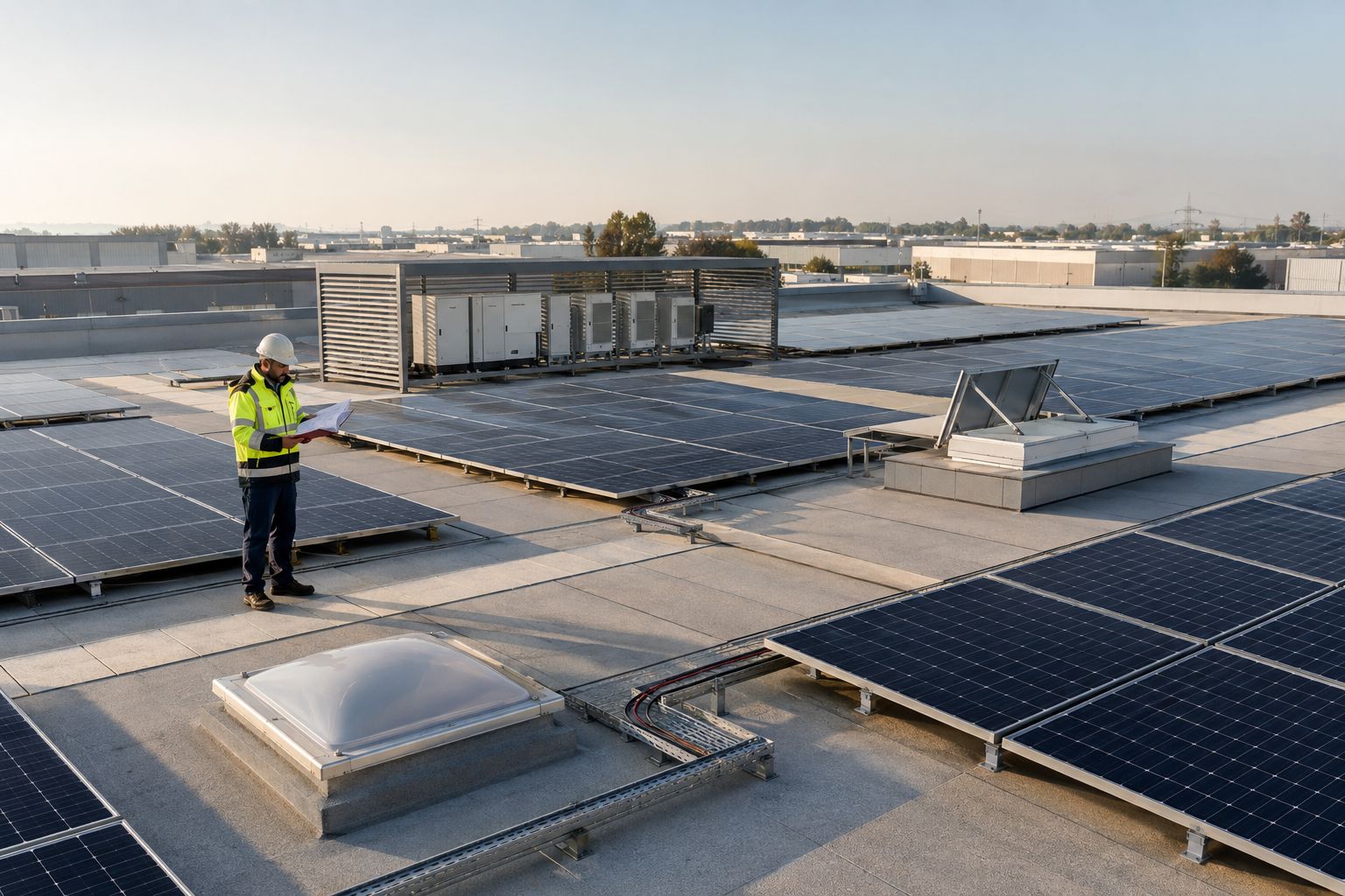 Tecnico su una copertura industriale con impianto fotovoltaico, inverter, canalizzazioni e lucernari da valutare ai fini antincendio