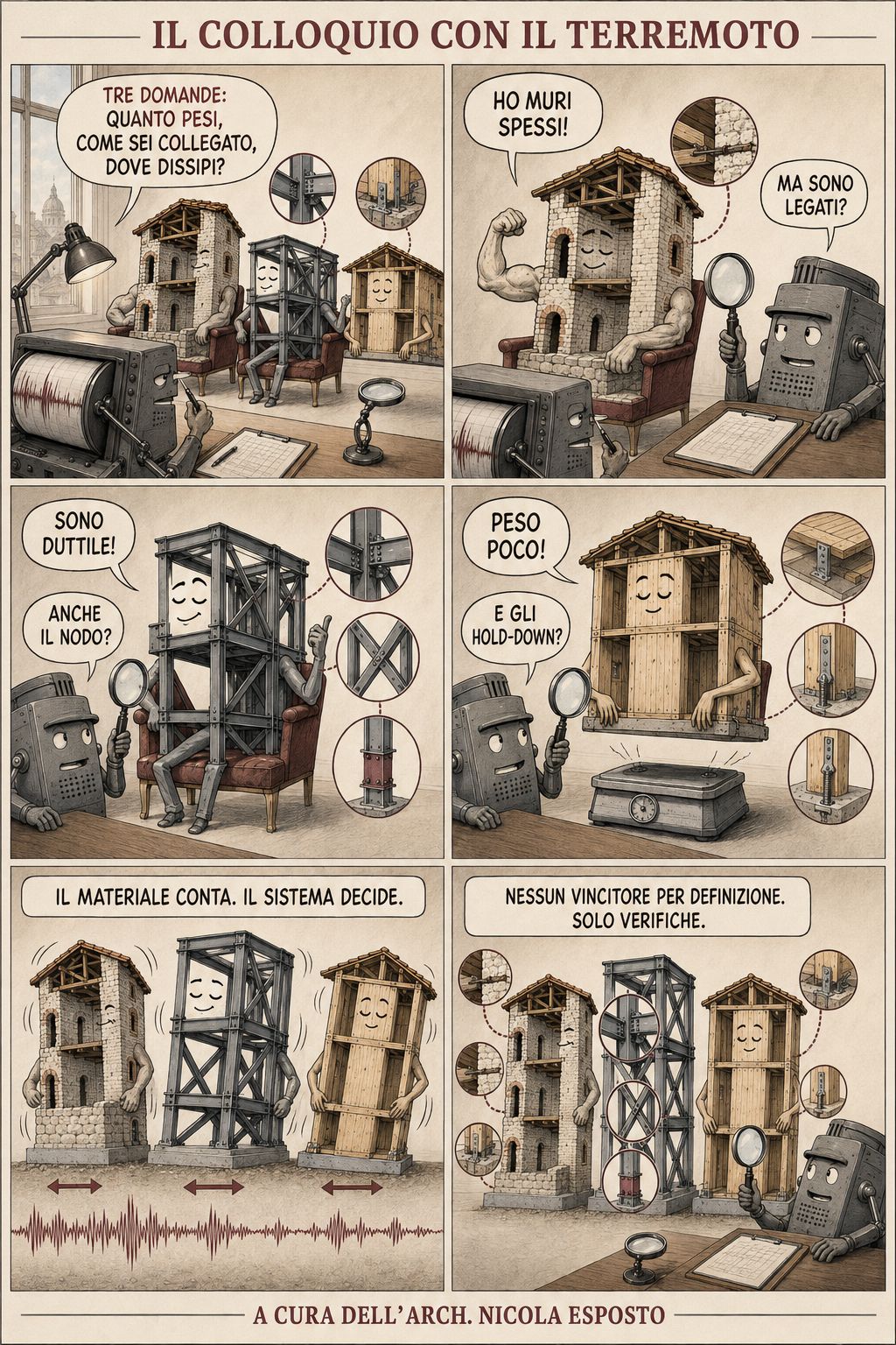 Fumetto in sei vignette nel quale un sismografo interroga edifici in muratura, acciaio e legno su massa, collegamenti e dissipazione