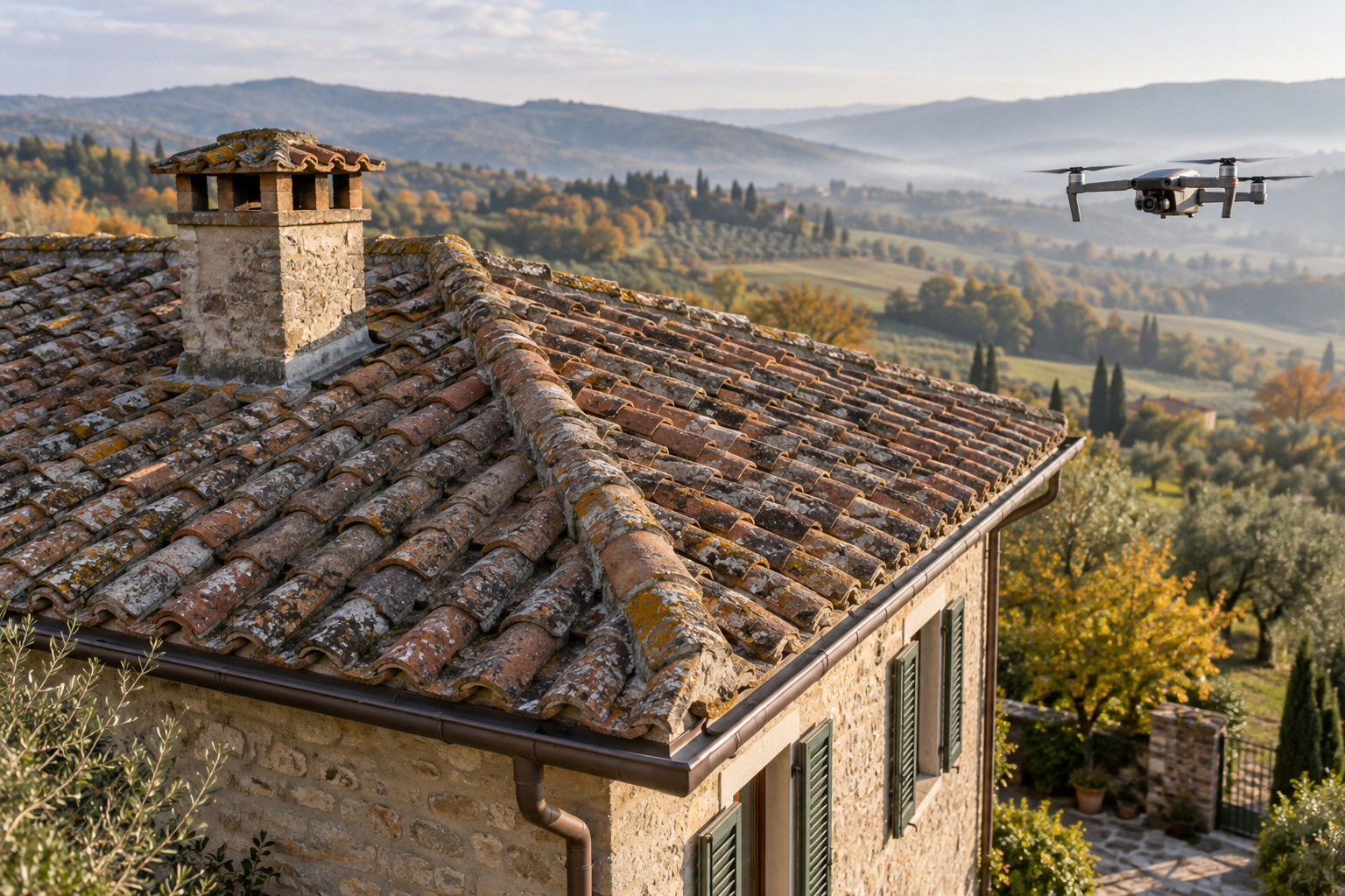 Illustrazione di un drone in volo accanto a una copertura in coppi con camino