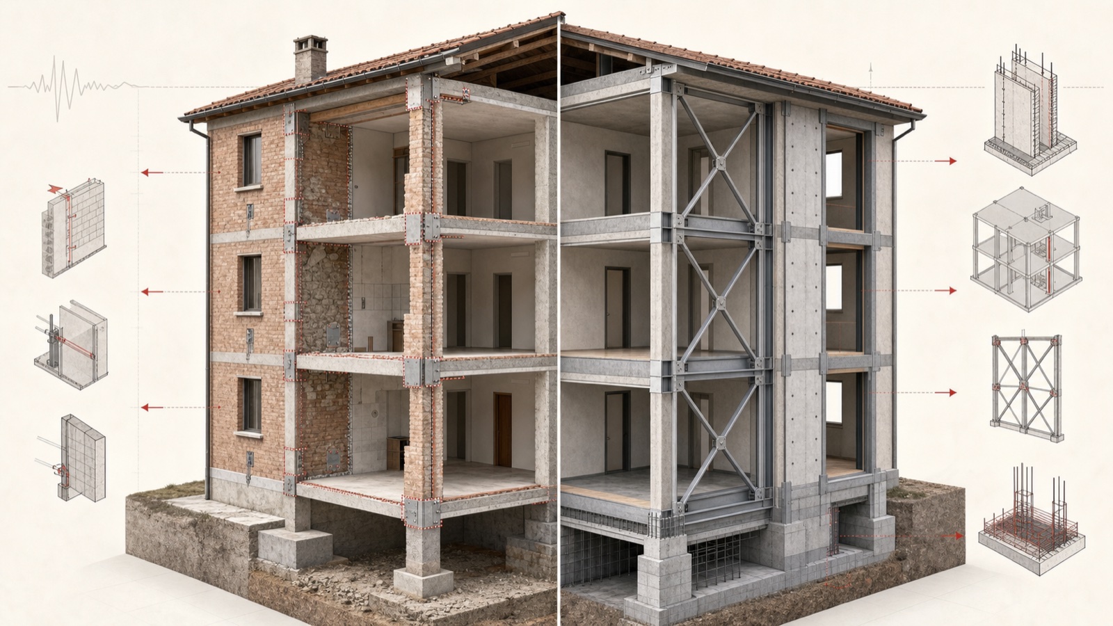 Confronto tecnico tra intervento locale, miglioramento sismico e adeguamento sismico su un edificio esistente
