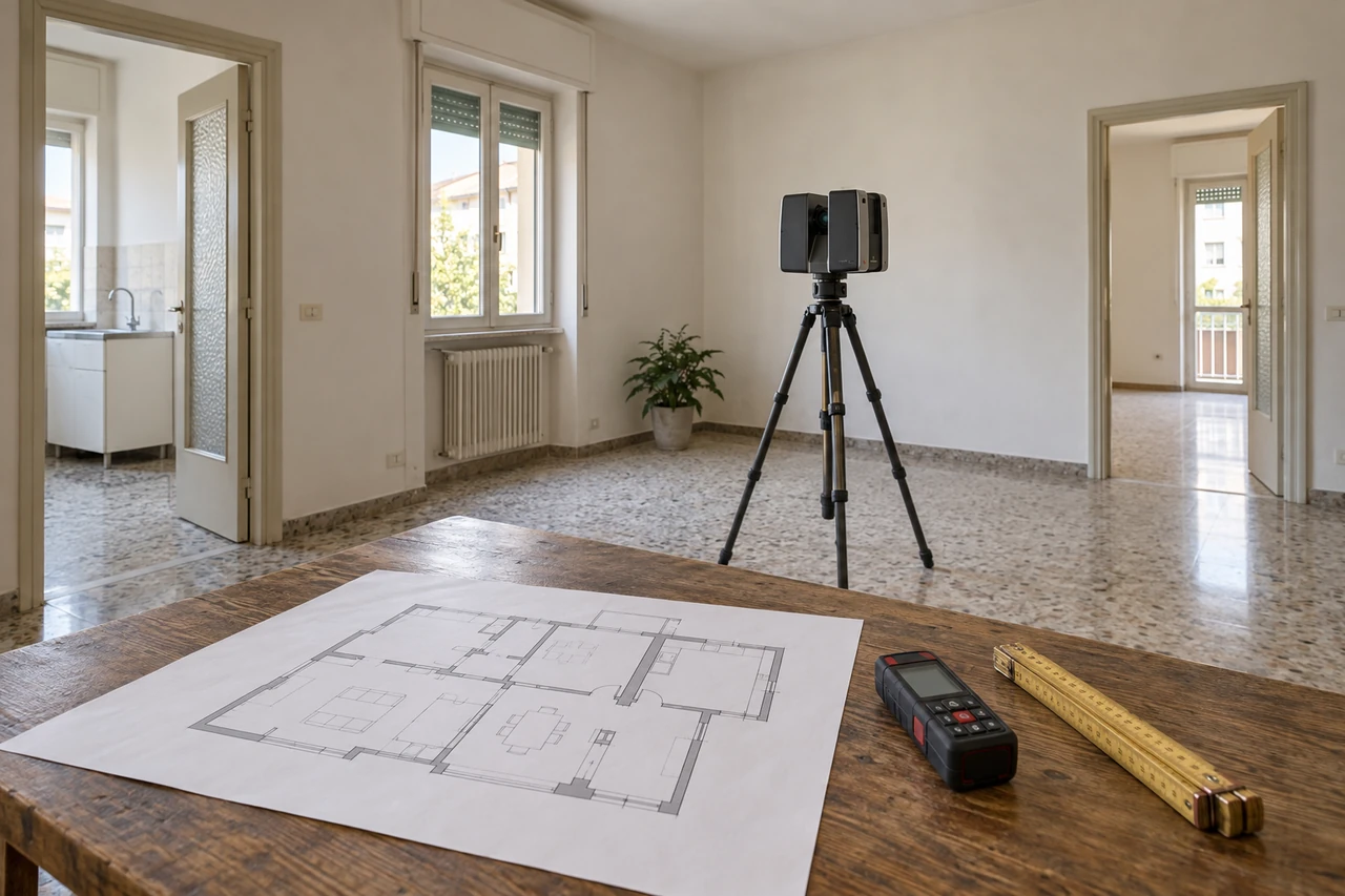 Illustrazione di un appartamento vuoto con scanner su treppiede, planimetria e strumenti di misura sul tavolo