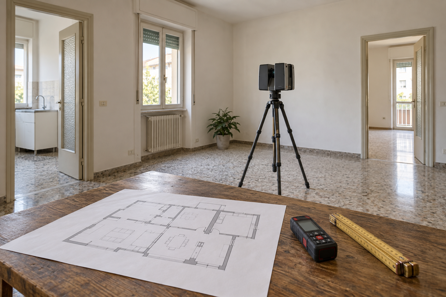 Illustrazione di un appartamento vuoto con scanner su treppiede, planimetria e strumenti di misura sul tavolo