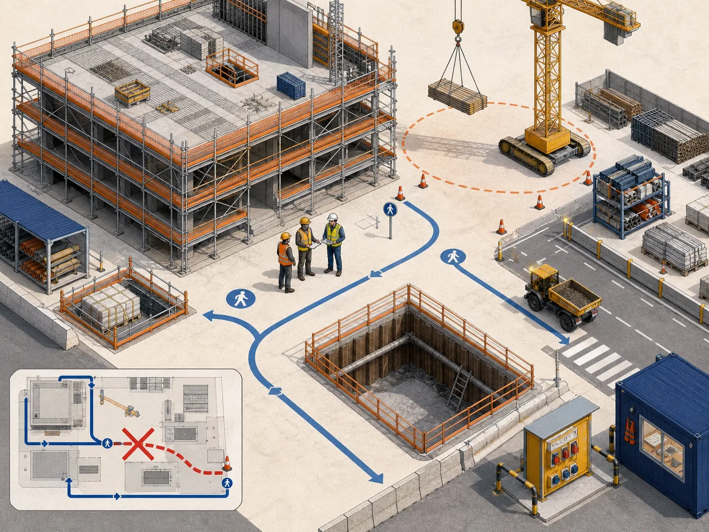 Cantiere organizzato con ponteggi, parapetti, percorsi separati, scavo protetto e area di sollevamento delimitata