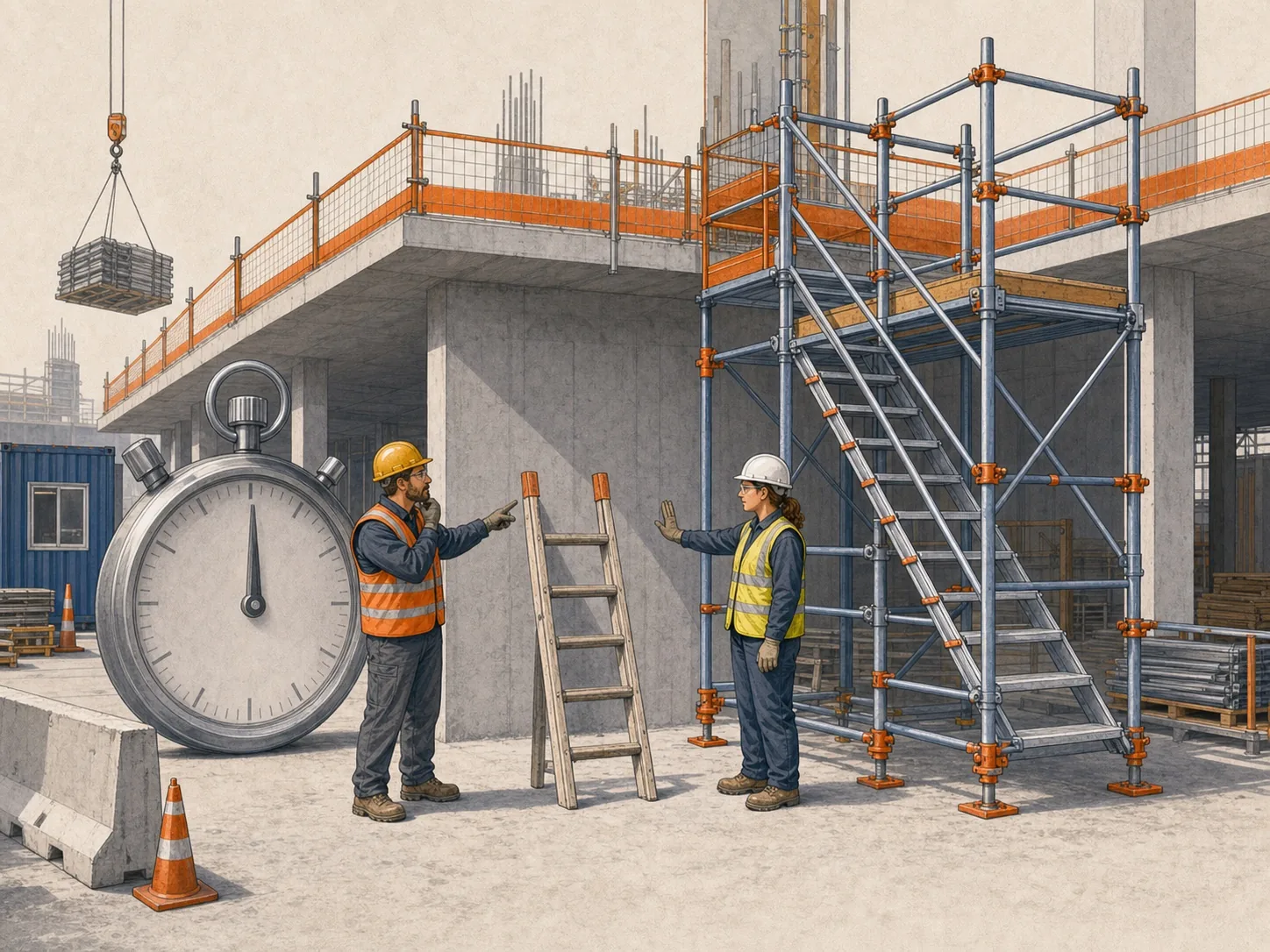 Lavoratore indica una scala improvvisata e un grande cronometro mentre una collega mostra l’accesso protetto disponibile