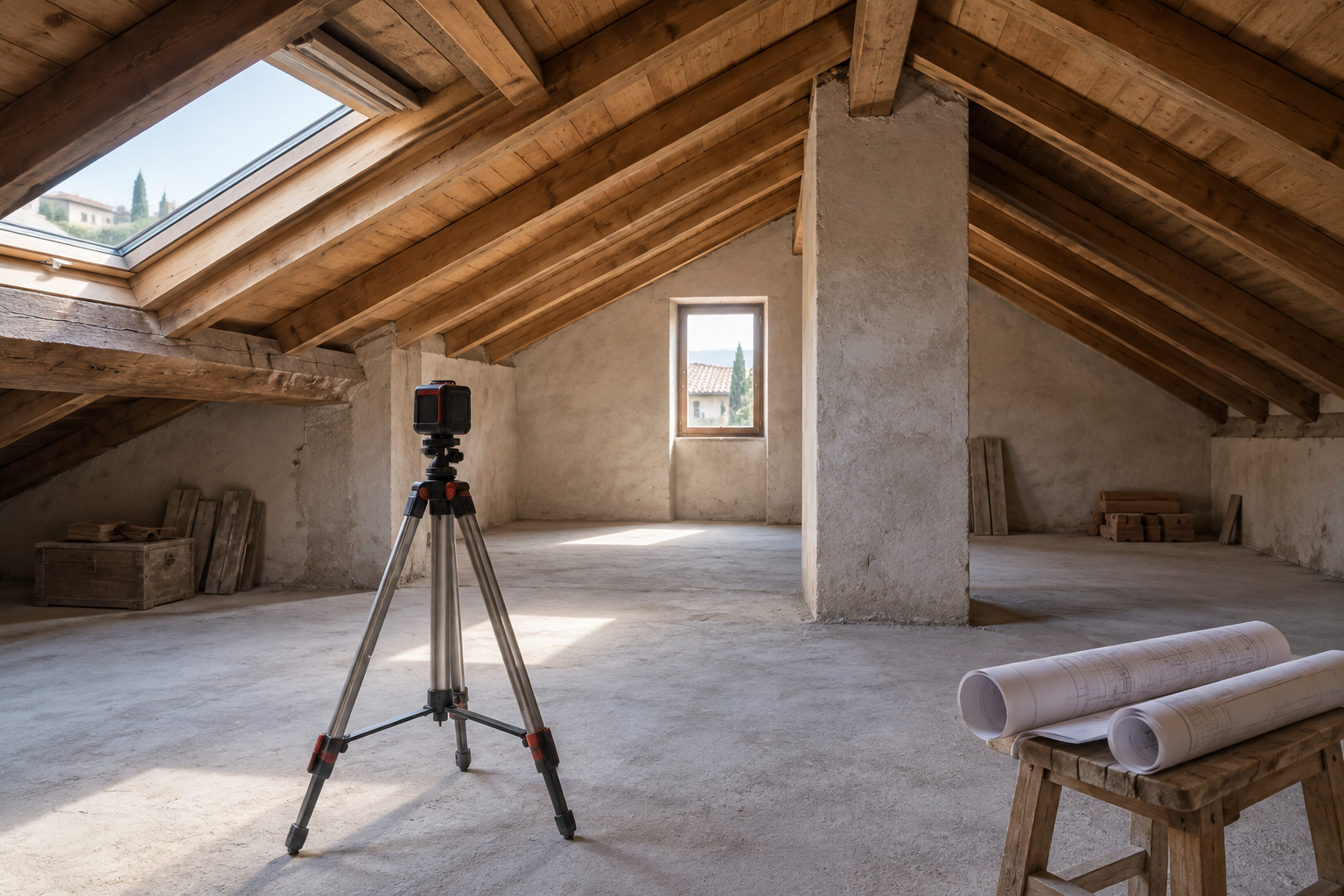 Illustrazione di un sottotetto con falde in legno, lucernario e strumento di misura su treppiede